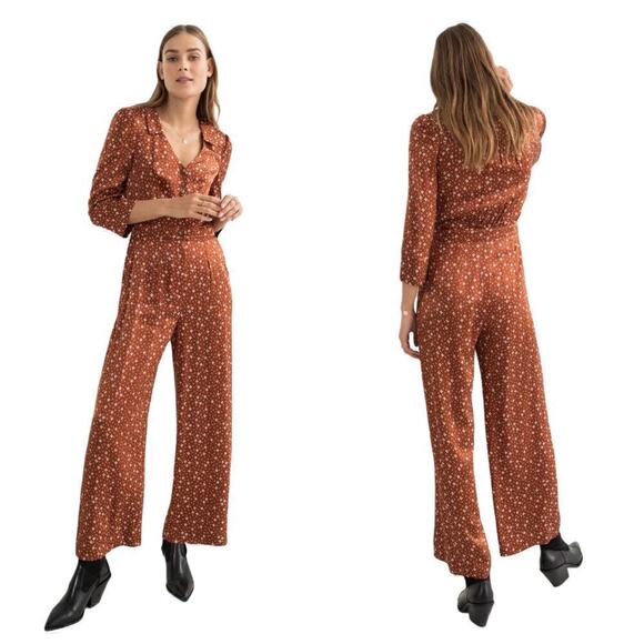 & Other Stories Pants - & Other Stories Satin Printed Straight Leg Collar Jumpsuit in Diamond Dot US 6